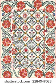 Suzani - a traditional textile product in Uzbekistan, a home interior element. Nowadays using for decorating fashion outfits and other creative elements. 