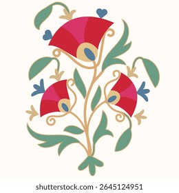 A Suzani-inspired floral fragment featuring intricate details and elements of traditional embroidery. Authentic design reflecting rich culture and folk art. Perfect for use in textiles, design project