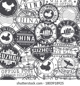 Suzhou, Anhui, China Set of Stamps. Travel Passport Stamps Pattern. Made In Product. Design Seals in Old Style Insignia Seamless. Icon Clip Art Vector Collection.