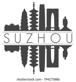 Suzhou China Asia Skyline Vector Art Mirror Silhouette Emblematic Buildings