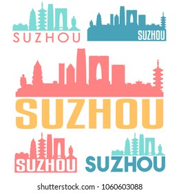 Suzhou China Flat Icon Skyline Vector Silhouette Design Set