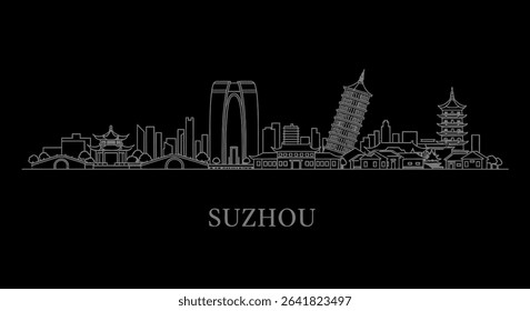 Suzhou China Skyline with White Outline on Black.