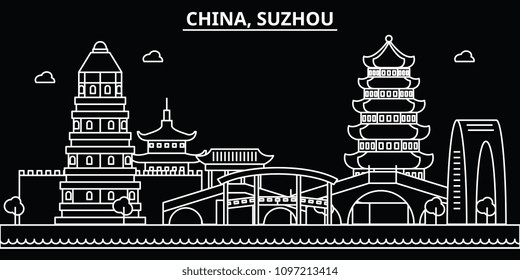 Suzhou silhouette skyline. China - Suzhou vector city, chinese linear architecture, buildings. Suzhou travel illustration, outline landmarks. China flat icons, chinese line banner