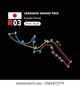 Suzuka Circuit 2025 map, vector isolated illustration for racing calendar, ready to print