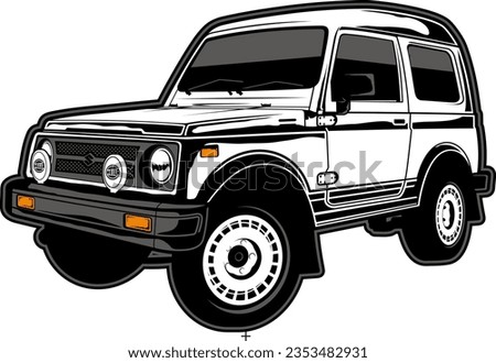 suzuki Jimny Katana flat image for illustration vector art, small jeep suzuki katana editable vector illustration, offroad car,  jimny japan car, suzuki LJ50, LJ80, SJ410, SJ413. The image features a 