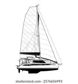 SV boat cruise illustration line drawing style in black colors. for t-shirt design, design elements and print products