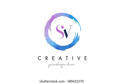 SV Circular Letter Brush Logo. Pink Brush with Splash Concept Design.