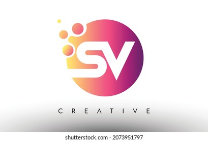 SV Dots burbuja letras en un círculo. Logotipo de diseño de carta SV con iluminación vectorial de color naranja morado.