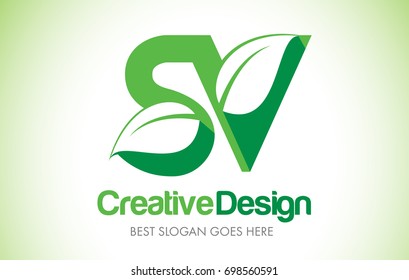 SV Green Leaf Letter Design Logo. Eco Bio Leaf Letters Icon Illustration Vetor Logo.