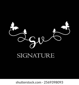SV  Handwritten initial letter, SV simple signature vector logo with butterfly shape variation, beauty, photography letter logo design. S V