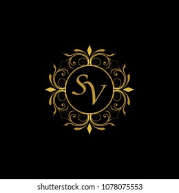 SV Initial logo. Ornament ampersand monogram golden logo black background