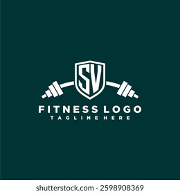 SV initial monogram for fitnes or gym logo with creative shield and barbell design