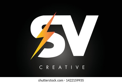 SV Letter Logo Design With Lighting Thunder Bolt. Electric Bolt Letter Logo Vector Illustration.