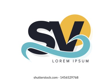 SV letter logo with ocean waves and sunset. Beach concept design