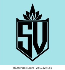SV Logo featuring a minimalist design with a crown-like flower symbol on top, bold black elements, and a soft blue background, perfect for branding and modern visual identity.