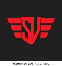 SV Logo monogram with emblem and wings element design template on red colors