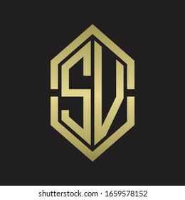 Monograma SV con forma hexágono y estilo de división de esquema con colores dorados