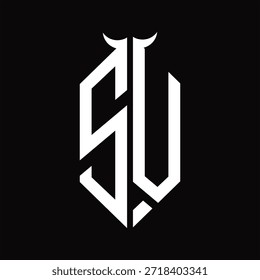 Monograma do logotipo SV com forma de chifre isolado modelo de design preto e branco sobre fundo preto