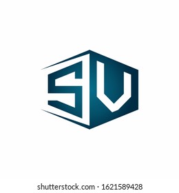 SV monogram logo with hexagon shape and negative space style ribbon design template