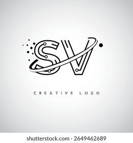 Logotipo do Monograma da Órbita SV - Marca de Letra Mínima Futurista com Linha de Arte Circular, Pontos Inspirados na Tecnologia e Conceito de Movimento Espacial para Identidade de Marca Moderna