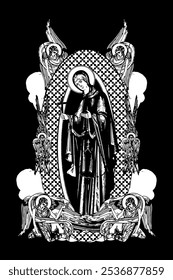 Sv. Petka. Saint Parascheva of the Balkans. Illustration with angels and seraphim in heaven black and white in Byzantine style