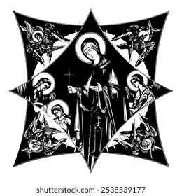 Sv. Petka. Saint Parascheva of the Balkans on cross dome with 4 apostles, angels and seraphim. Ink illustration black and white in Byzantine style isolated