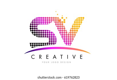 SV S V Dots Letter Logo Design with Magenta Bubble Circles and Swoosh