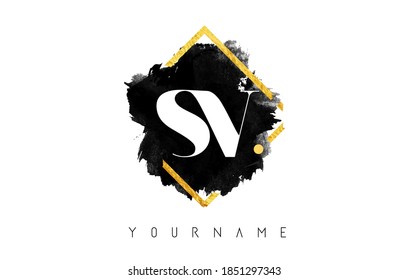 SV S V Logo Design with Black ink Stroke over Golden Square Frame Vector Illustration.