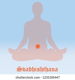 Svadhishthana Chakra symbol vector illustration. Silhouette meditating. Practicing yoga. Yoga lotus pose, wellness concept.