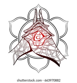 Svadhisthana - sacral chakra mudra. Ornate spiritual symbols Yoga mudra. Vector illustration with an inscription in Sanskrit - Mudra.