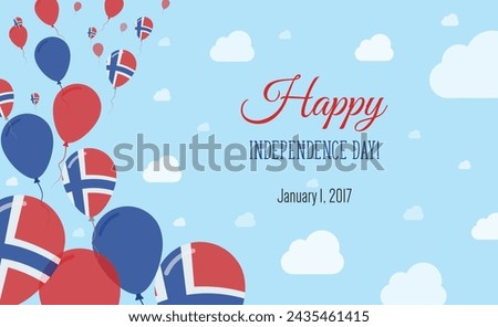 Svalbard And Jan Mayen Independence Day Sparkling Patriotic Poster. Row of Balloons in Colors of the Norwegian Flag. Greeting Card with National Flags, Blue Skyes and Clouds.