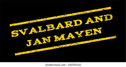 Svalbard And Jan Mayen watermark stamp. Text caption between parallel lines with grunge design style. Rubber seal stamp with unclean texture. Vector yellow color ink imprint on a blue background.