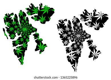 Svalbard - map is designed cannabis leaf green and black,  Spitsbergen, Nordaustlandet and Edgeoya map made of marijuana (marihuana,THC) foliage,