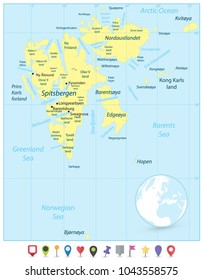Svalbard Map and Flat Map Pointers. Vector illustration.