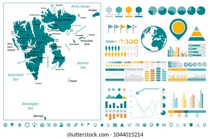 Svalbard Map and Infographics design elements. On white. Business template in flat style for presentation, booklet, website and other creative projects.