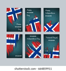 Svalbard Patriotic Cards for National Day. Expressive Brush Stroke in National Flag Colors on dark striped background. Svalbard Patriotic Vector Greeting Card.