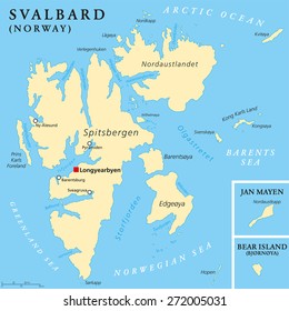 Svalbard Political Map with capital Longyearbyen, a Norwegian archipelago in the Arctic Ocean, formerly known by its Dutch name Spitsbergen. English labeling and scaling. Illustration.