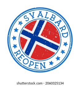 Svalbard Reopening Stamp. Round badge of country with flag of Svalbard. Reopening after lockdown sign. Vector illustration.
