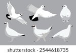 Svalbard Rock Ptarmigan White Winter Plumage Bird Flying Various Poses Cartoon Vector Character