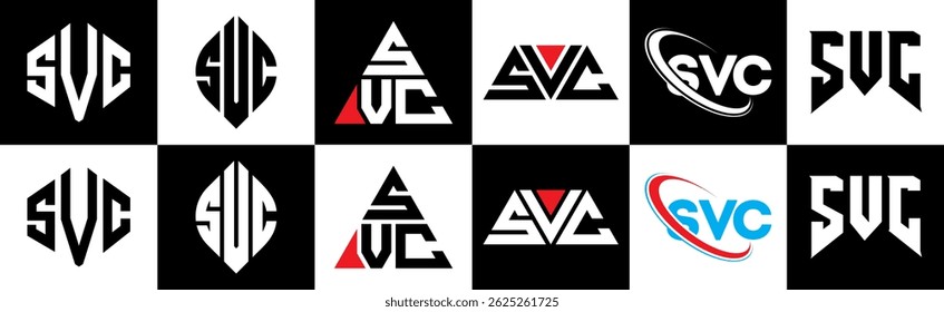 SVC letter logo design in six style. SVC polygon, circle, triangle, hexagon, flat and simple style with black and white color variation letter logo set in one artboard. SVC minimalist and classic logo