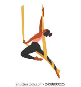 Personaje De Mujer Esbelta Equilibra Con Elegancia En Una Hamaca De Tela, Su Cuerpo Curvado En Una Posada Serena, Suspendido En El Aire, Mezclando Fuerza Y Flexibilidad En El Yoga Aéreo. Ilustración vectorial de personas de dibujos animados