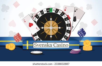 Svenska Casino Illustration with Set of Icons of Roulette Wheel, Chips, Cards and Dices - Online Swedish Gambling Conceptual Representation