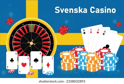 Svenska Casino Illustration with Set of Icons of Stack of Chips, Cards, Roulette Wheel and Dices - Swedish Online Gambling Concept 