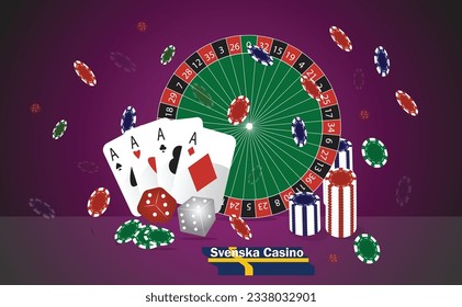 Svenska Casino Illustration with Set of Icons of Roulette Wheel, Chips, Cards and Dices - Online Swedish Gambling Conceptual Representation