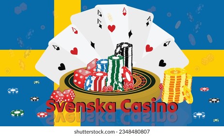 Svenska Casino Illustration with Set of Icons of Cards, Dice, Chips, Gold Coins and Roulette - Online Swedish Casino and Gambling Concept 