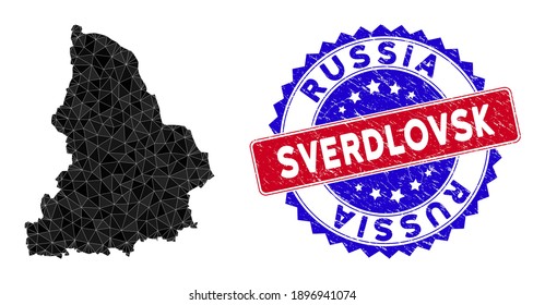 Sverdlovsk Region map polygonal mesh with filled triangles, and rubber bicolor rubber seal. Triangle mosaic Sverdlovsk Region map with mesh vector model, triangles have different sizes, and positions,