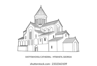 Svetitskhoveli Cathedral near Tbilisi, Mtskheta, Georgia - Line Art Vector Illustration