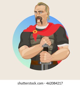 Svetoslav I., historical character in vector. Kiev Prince warrior in a red cloak and armor with a sword. The ancient Rusich.
