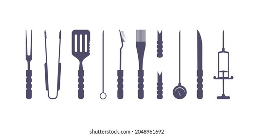 SVG. BBQ, grill, barbecue accessories, utensils, tools, equipment. Cutlery. Vector for plotter. Flat isolated vector illustration.Thermometer, meat Injector, claws, fork, tongs, spatula, skewer, knife svg