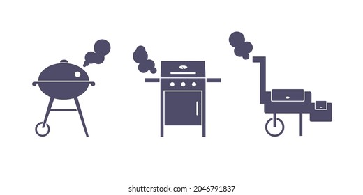 SVG. BBQ, grill, barbecue equipment set. Vector for cutting, plotter. Isolated flat vector illustration. Charcoal kettle, gas and wood fired grills. Cooking meal. Frying smoking meat. Picnic outdoor. svg